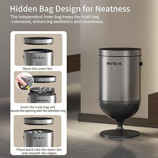 Mrbin Stainless Steel Motion Sensor Trash Can with Lid 5.3 Gallon Wine Glass Shaped Automatic Waste Basket Touchless Smart Round Tall Garbage with High Leg for Office Bedroom Kitchen Eclipse Grey