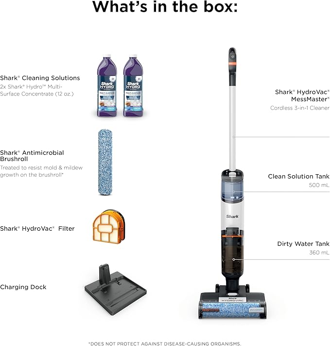 Shark | Wet Dry Vacuum Cleaner | Vacuum and Mop Combo | HydroVac MessMaster | 3-in-1 Self-Cleaning + Powerful Suction | 2 Brushrolls &amp 2 Solutions Included | Hardwood Floor &amp Area Rug Cleaner
