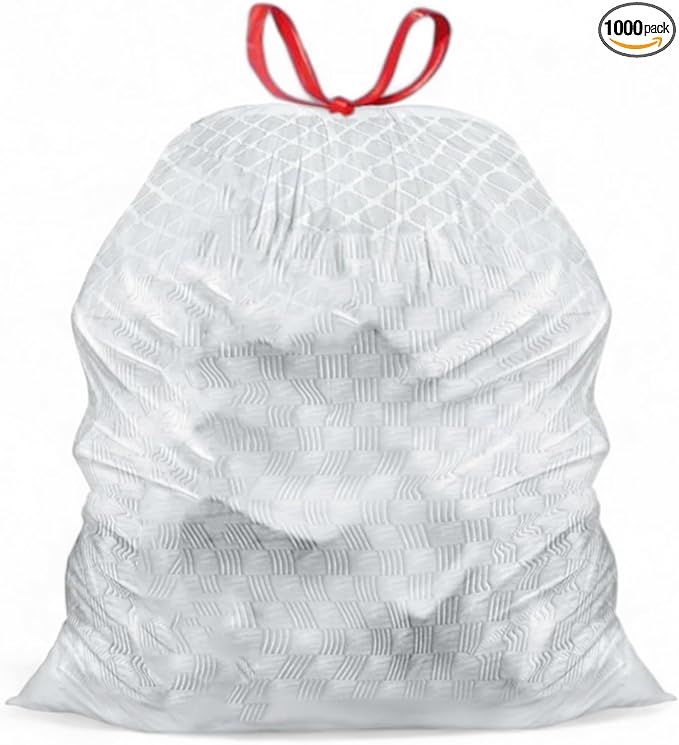 Mighty Flex 13 Gallon Trash Bags Drawstring 1000ct Heavy-Duty Large Garbage Bags Ultra-Flexible Leak and Odor-Resistant Plastic Garbage Bags for Home and Commercial Use Unscented (White)