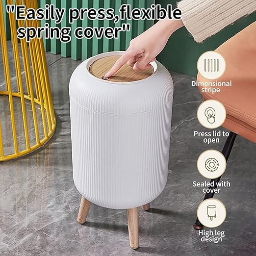 Trash Can With Lid for Bathroom 2 Gallon/10 Liter Round Garbage Bin With Press Top Plastic Modern Wastebasket With Soft Close Container for Bedroom Living Room Office (White)