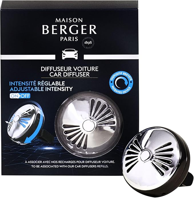 MAISON BERGER - Adjustable Refillable Car Air Freshener Vent Clip Diffuser Set - 1.75 Diameter x 1.25 Depth - Made in France (On/Off Flash - Gun Metal)