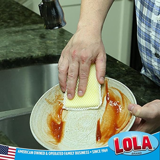 LOLA Nylon Netting Sponge Cleaning Scrubber Pad 12 Pack Non Scratch Safe on Non-Stick Surfaces Coated Cookware &amp Dishes - Gentle Effective Cleaning