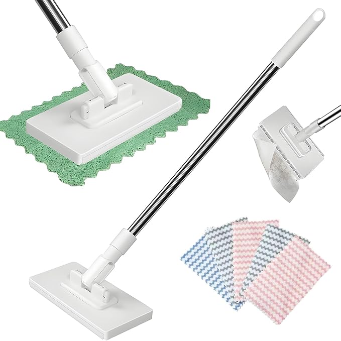 Mini Mop with One-Click Cloth Change Locking Head for Wet &amp Dry Cleaning Long Handle for Multi-Surface Use