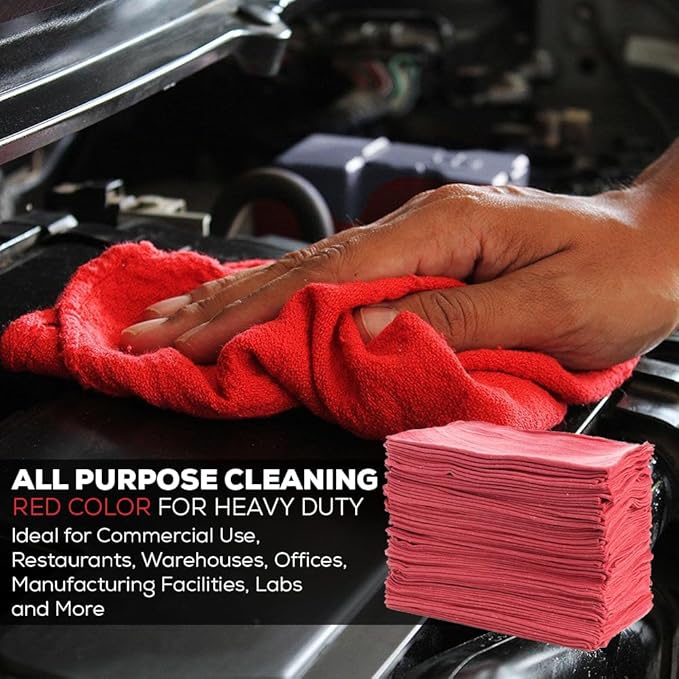Simpli-Magic Cotton Shop Towels 14x12 (90 Pack) – Reusable Cleaning Shop Rags for Automobiles Industries Garage and Homes (Red)