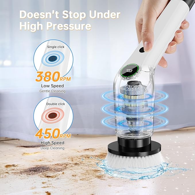 Electric Spin Scrubber Cordless Shower Scrubber with 8 Scrub Brush 2 Speed with Adjustable Extension Handle Battery Level Display Power Scrubber for Bathroom Bathtub Tile Floor (Black)