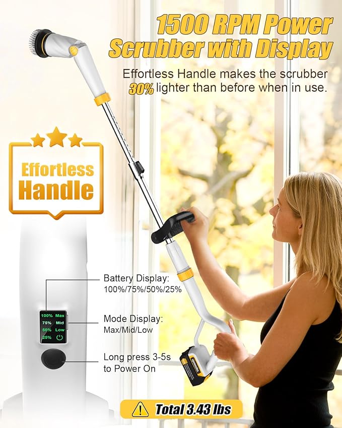 Qimedo Electric Spin Scrubber with Two Batteries Q2 Pro1500 RPM High Power Electric Scrubber for CleaningShower Cordless Cleaning Brush with Display for Tub/Tile/Floor (Effortless Handle/8 Brushes)