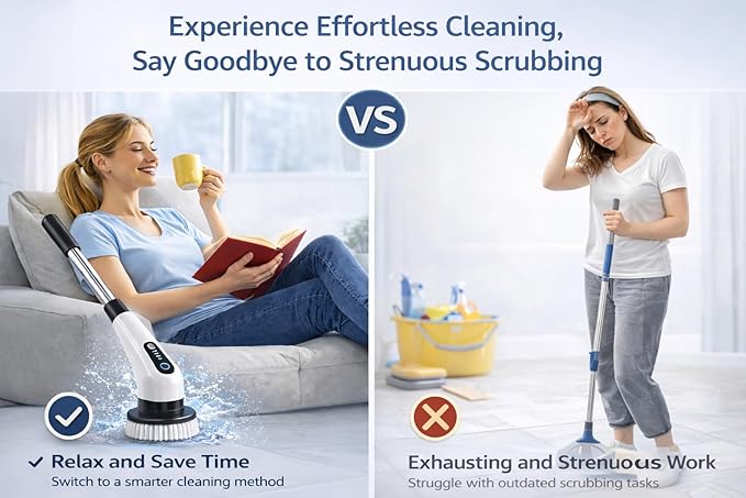 Electric Spin Scrubber Cordless Cleaning Brush - 8 Replaceable Brush Heads-90Mins Work Time 3 Adjustable Size 2 Speeds for Bathroom Shower Bathtub Glass Car with 18W Fast Charger Included (White)