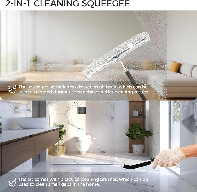 16.7“- 59.5 Long Handle Window Squeegee with Extension Pole 12.4 Wide Metal Shower Squeegee for Glass Doors 2-in-1 Squeegee for Home Window Cleaning Tile Wall Car (Silver)