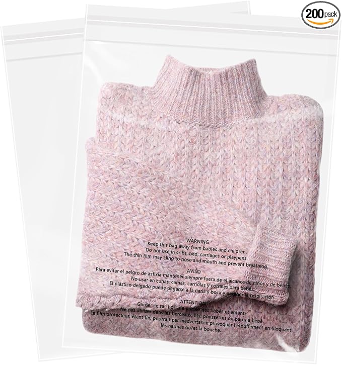 12 x 15 (200 Count) Self Seal Clear Poly Bags with Suffocation Warning for Packaging Shipping Clothing Shirts &amp FBA - Resealable Adhesive