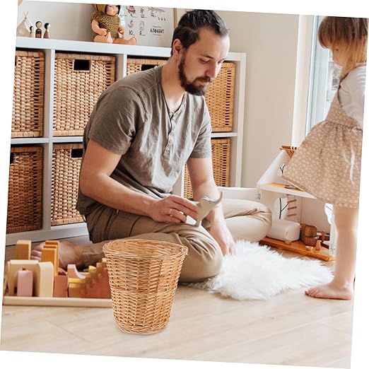 Lurrose Woven Rattan Trash Can Household Wastebasket Indoor Storage Bin for Office and Home Use Decorative Basket for Paper Recyclables and Trash