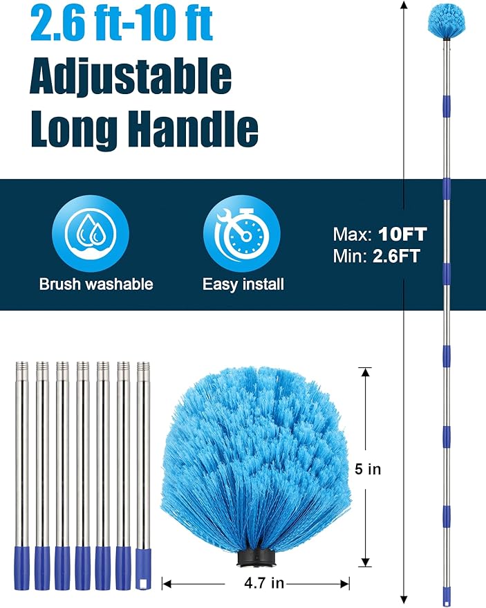 Cobweb Duster with Extension Pole 10 ft Spider Web Brush for Outdoor House Cleaning Cob Web Remover for High Ceilings Fans Medium-Stiff Bristles Head Adjustable Long Handle Lightweight Cleaner