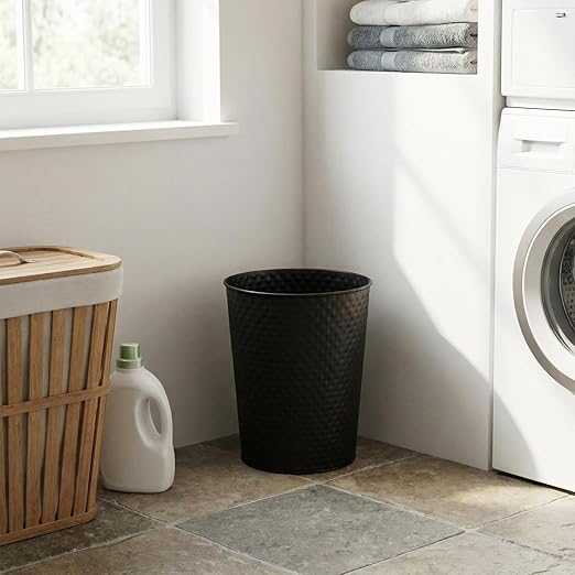 Suclain 2 Pcs Black Copper Trash Can-Handcrafted Hammered Metal Wastebasket Modern Decorative Garbage Can 6 Liters Round Trash Bin for Bathroom Bedroom Kitchen Office