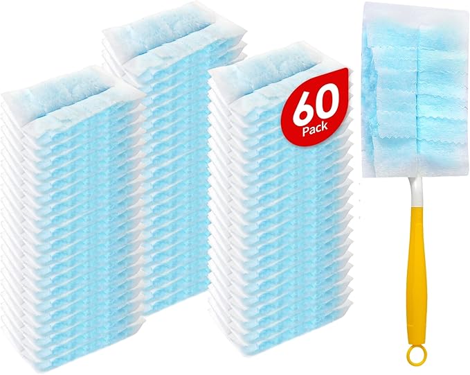 60 Count Microfibre Feather Duster Refills Compatible with Swiffer Dusters Disposable Static Dust Removal Refills Multi-Surface Duster with 1 Pcs Short Handle(Unscented Pack of 1)