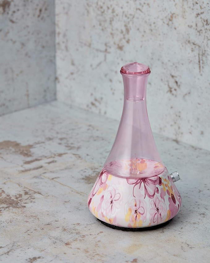 Opulence - Nebulizing Diffuser for Essential Oil/Aromatherapy with Pink Floral Ceramic Base and Pink Hand-Blown Glass with Touch Sensor Light Switch - No Heat No Water No Plastic