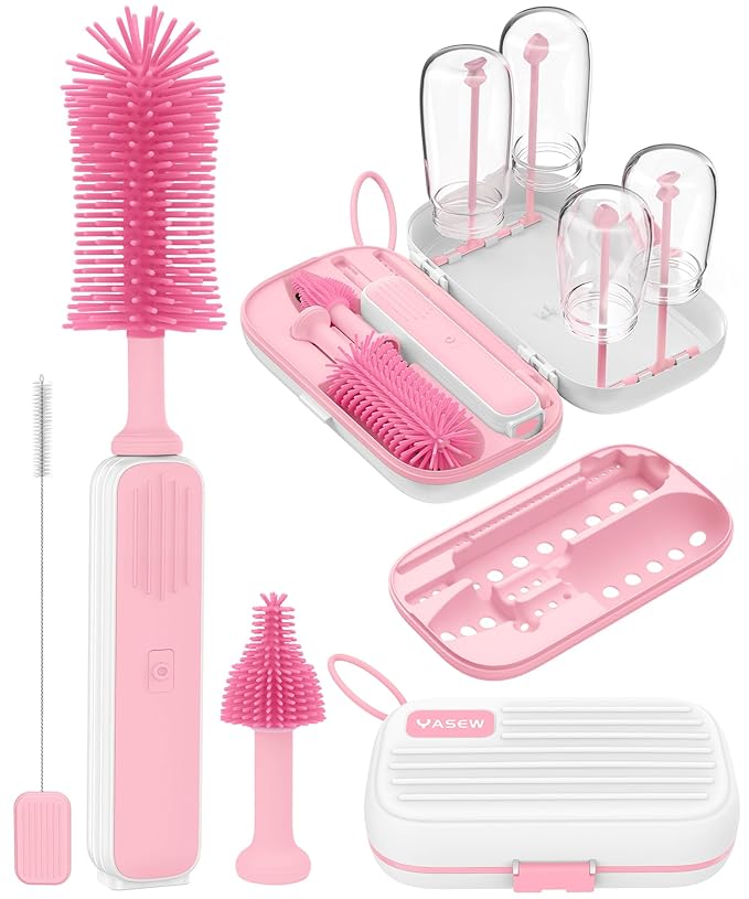 Electric Baby Bottle Brush Cleaner Baby Travel Bottle Cleaner Kit- 2000mAh Rechargeable Silicone Brush Drying Rack Compact Storage Box 360° Efficient Cleaning Bottle Brush for Home &amp On-The-Go