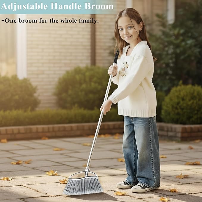 Metal Dustpan and Heavy Duty Broom Set Stand Up Dustpan with Outdoor Stiff Bristles Broom for Hardwood Patio Room Office Floor Sweeping