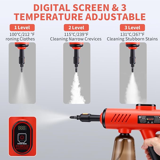 1200W High Pressure Handheld Steam Cleaner 600ML Tank Multi-Purpose Steamer for Home UseCleaning Floor Upholstery Grout and CarRed