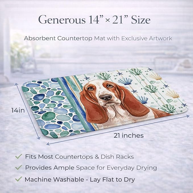 Caroline's Treasures Red and White Basset Hound Coastal Sea Glass Dish Drying Mat Absorbent Dish Drying Mat Pad for Kitchen Counter Dish Drainer Mat for Countertop 14 x 21 Multicolor