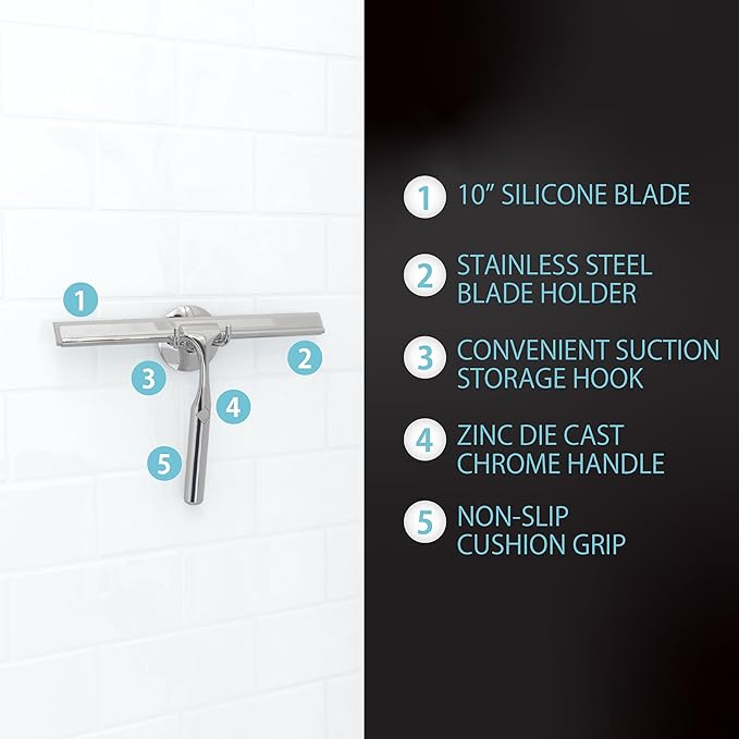 Better Living Deluxe Shower Squeegee Multi-Purpose Silicone Squeegee Blade with Storage Hook Rust-Proof Heavy Duty Window Glass Shower Door Scrubber Windshield Wiper 10 Chrome
