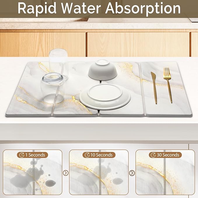 Large Stone Dish Drying Mat for Kitchen Counter 2 PCS Quick Dry Stone Mats Foldable Water Absorbing Diatomaceous Earth Drying Dishes Pad for Countertop Bottle Utensil Cup(Yellow White 24x16&amp8