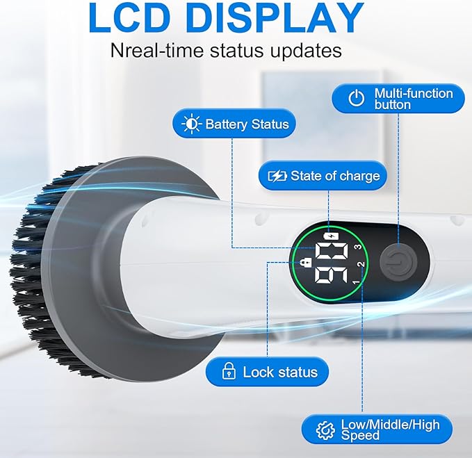 Electric Spin Scrubber 550 RPM Cordless Home Cleaning Brush with Extended Handle 3 Speeds 8 Replacement Heads IPX7 Waterproof LCD Display – Power Shower Scrubber for Bathroom Tub Floor Tile