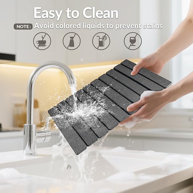 Large Stone Dish Drying Mat for Kitchen Counter 24x16&amp8x4 Foldable Fast-Drying Diatomaceous Earth Dish Mat 2PCS Eco-Friendly Water Absorbent Pads Set for Kitchen Bathroom Gray