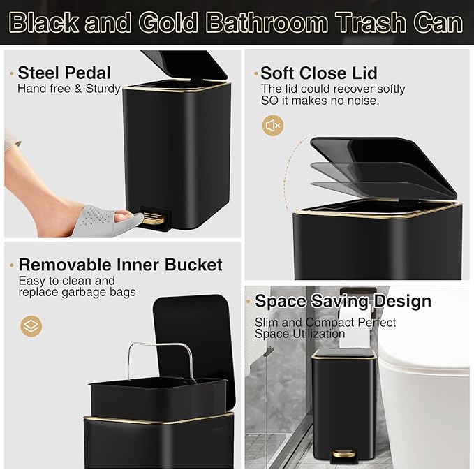 Small Bathroom Trash Can with Lid Soft Close 1.8 Gallon Stainless Steel Garbage Can with Removable Inner Bucket3PCS Soap Dispenser75Count Trash Bag Slim Step Pedal Trash Bins