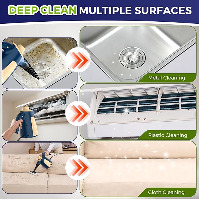 Steam Cleaner Pressurized Handheld Multi-Surface Natural Steam Cleaner with 12 PCS Accessories &amp Safety Lock 350ML Large Capacity Steamer for Car Home Upholstery Kitchen Window Grime and M