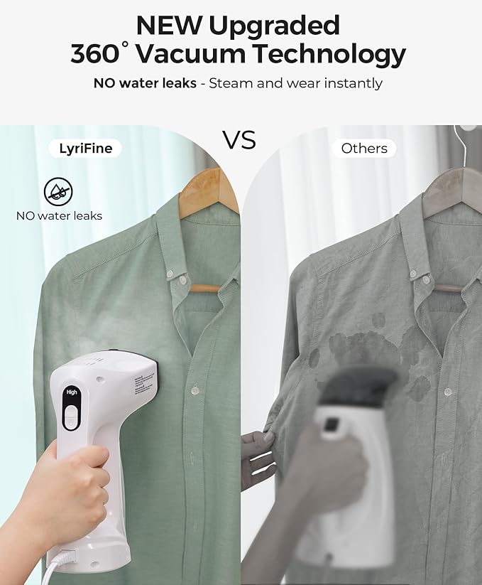 LyriFine Vacuum Steamer for Clothes 3500Pa Suction Clothes Steamer Handheld 2-in-1 Steamer&ampIron Garment Steamer 3 Modes&amp 360° Leak-proof Technology Fabric Steamer for Wrinkle Removal (for 1