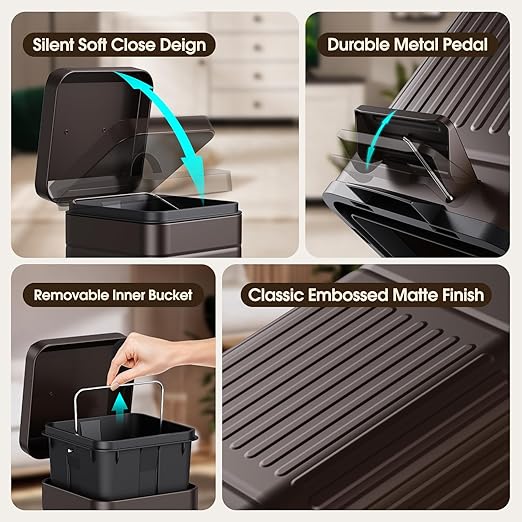 CEROELDA Small Trash Can with Lid-5L/1.3 GalStainless Steel Outdoor Dog Poop Garbage Can-Farmhouse Retro Metal Waste Bin w/Step Pedal for Bathroom Bedroom Office-Soft Close-Brown