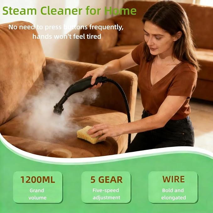 Steam Cleaner Handheld Steamer for Cleaning 5 Level Adjustable Handle 15s Heat-Up 1.27 Quarts Tank for Floor Dirt Couch Grout TileCar (White)