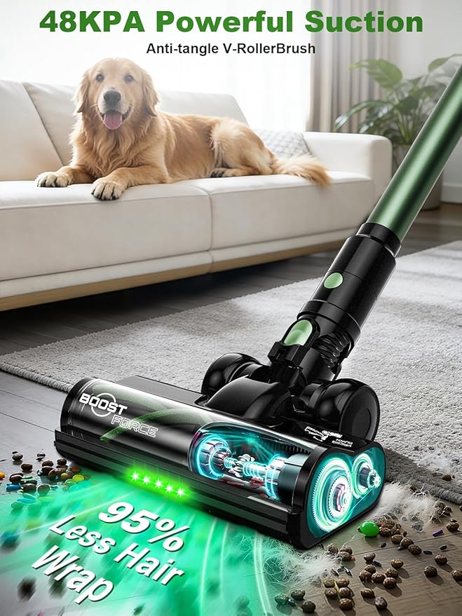 Cordless Vacuum Cleaner 58Kpa Vacuum Cleaners for Home 55Mins Stick Vacuum with Self-Standing &amp LED Display Anti-Tangle &amp Wall Mount Charging (Green)