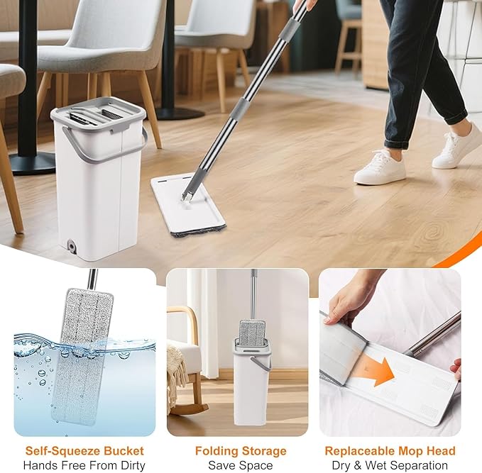Flat Floor Mop and Bucket Set with Wringer Flat Mops for Floor Cleaning Wall Mop Cleaner with Long Handle Hardwood Floor Mop with 3 Microfiber Pads (F)