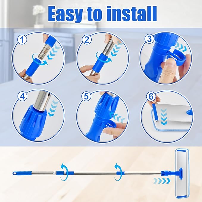 Flat Mop with Stainless Steel Handle Handle Adjustable 3 Sections Splice Microfiber Mop Floor Cleaning 4 Pieces Mops Cloth Wet &amp Dry Pads Wet and Dust Mopping