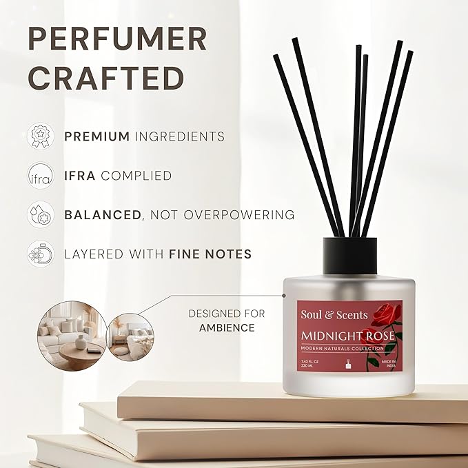 Soul &amp Scents Reed Diffuser Set – Midnight Rose | 7.43 oz Refillable Scented Oil with 6 Fiber Sticks | Long-Lasting Home Fragrance &amp Air Freshener for Bedroom Bathroom Office | Gift &amp Dé
