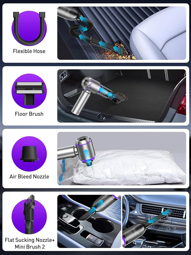 Vacuum/Air Duster 80000RPM Super Power Mini Car Vacuum Cleaner 4-in-1 air Blower Gun Air Duster &amp Air Blower &amp Pump Hand Electric air Duster Handheld dust Blower Blower Cordless (Purple)