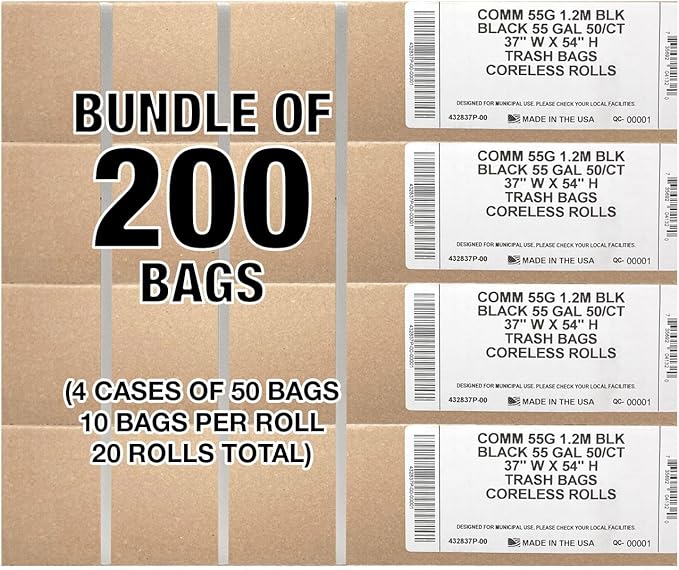 Ultrasac Heavy Duty 55 Gallon Black Trash Bags - (Value 200 Pack) - 1.5 MIL equivalent Industrial Strength Plastic 37 x 54 for 50-55 Gal Cans -Fits Toter Rubbermaid Brute Carlislie Bronco etc.