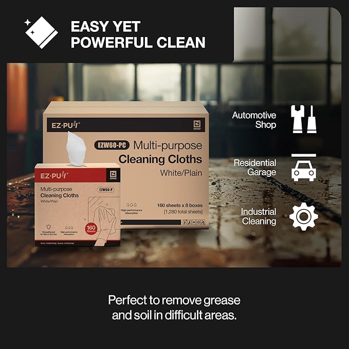 EZbrnd Multi-Purpose Cleaning Cloths Towels Pop Up Box White Shop Towels 160 Sheets x 8 boxes [X60]