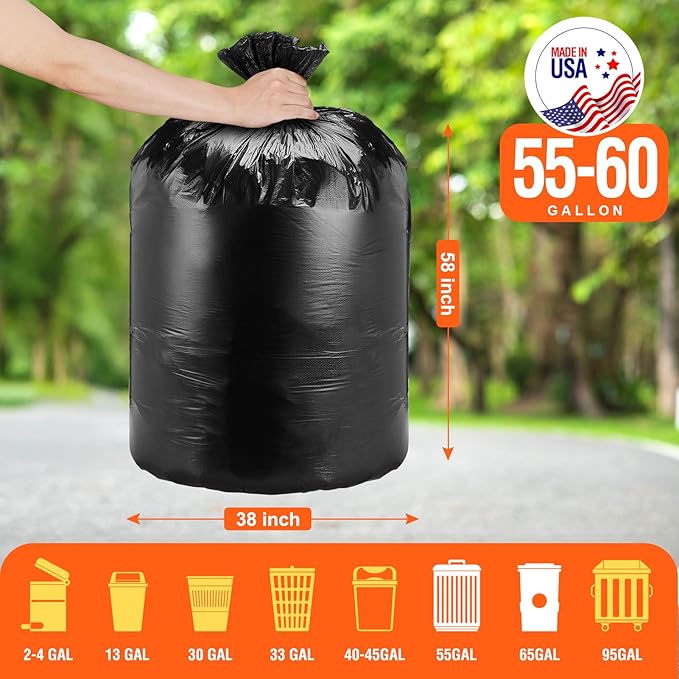 Delxo 55-60 Gallon Black Trash Bags 150 Count – Medium Duty Contractor Garbage Bags Thick Durable &amp Puncture-Resistant Plastic – Made in USA for Kitchen Yard Office &amp Party