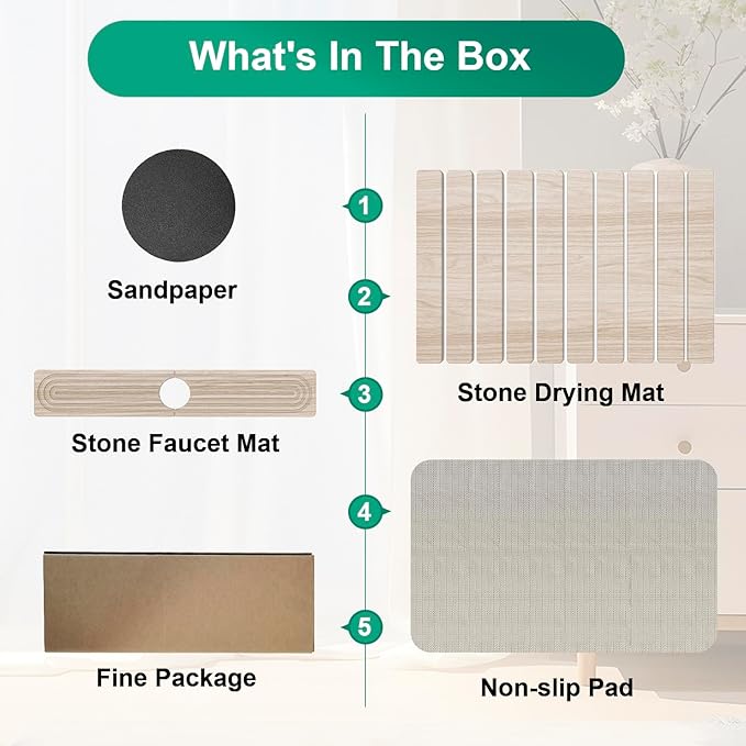 Stone Drying Mat for Kitchen Counter 24x16 Water Absorbing Dish Drying Mat with 24x4 Faucet Mat for Kitchen Sink Diatomaceous Earth Quick Dry Stone Mats for Dishes Bottles Cups (Wood Grain)