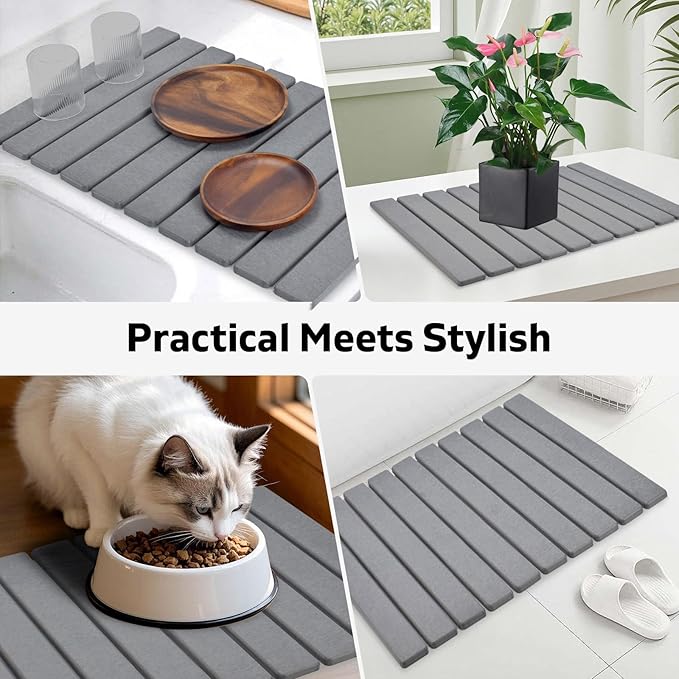 Stone Dish Drying Mat for Kitchen Counter – Collapsible 24(L)×16 (W) Super Absorbent Diatomaceous Earth Dish Drying Mat Grey Kitchen Counter Mats for Dishes Bottles Cups Match Any Countertop