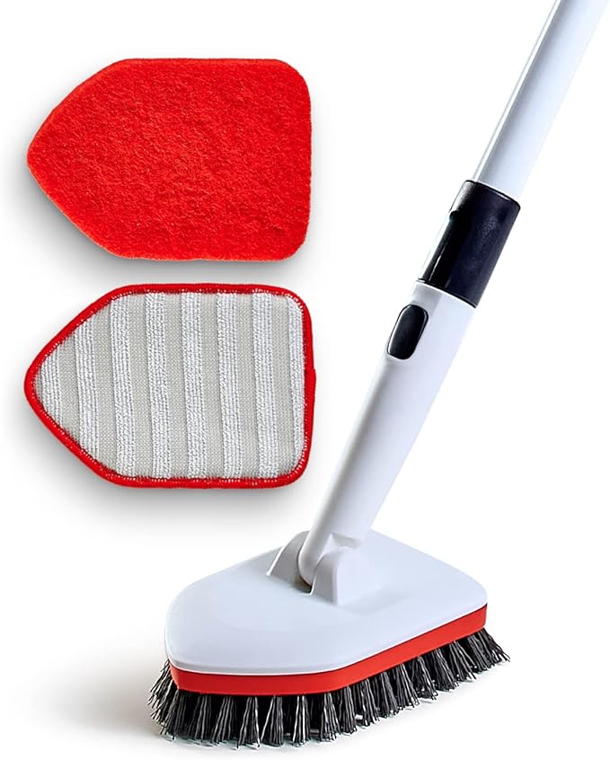 Shower Scrubber 3 in 1 Extendable Long Handle 58 Cleaning Brush - Non Scratch Shower Brush for Cleaning Bathroom Kitchen Toilet Wall Tub Tile Sink (Red)