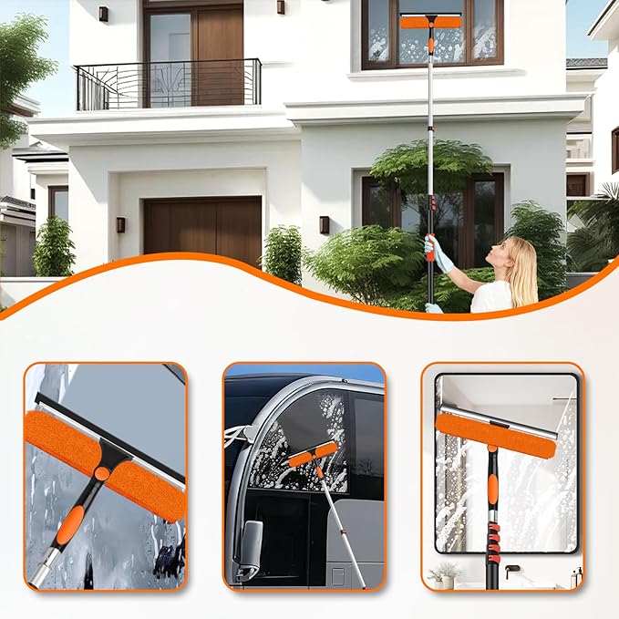 26FT Telescoping Window Cleaning Kit with 14 Squeegee - 2-in-1 Professional Window Scrubber &amp Extension Pole - Extra Long High-Reach Glass Cleaner Tool for Indoor &amp Outdoor High Windows RV
