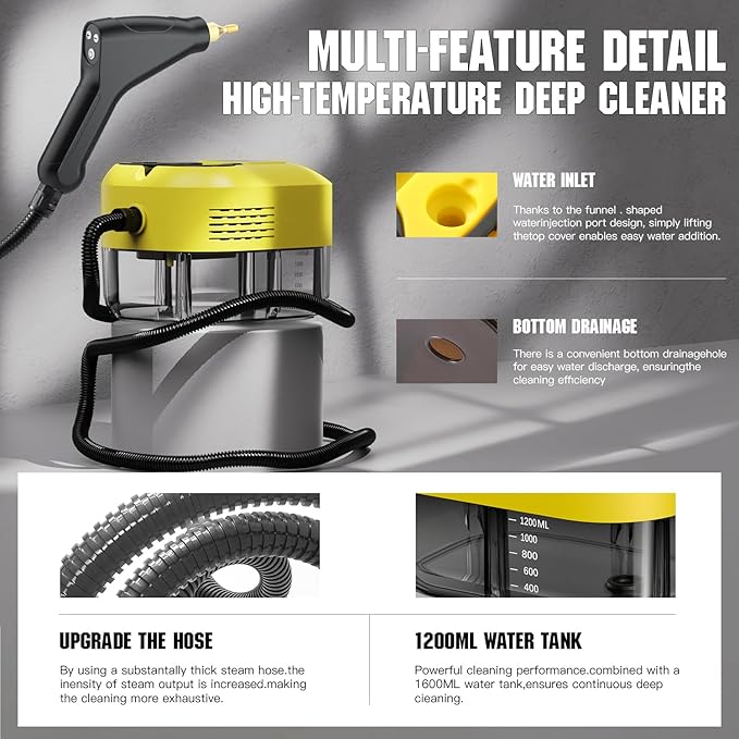 Steam Cleaner for Home＆Kitchen 212°F High Temperature 1200ML Tank Portable Handheld Steam Cleaner for Car Carpet Detailing Window Floor Couch Grease Tile Pressurized Steamer for Cleaning