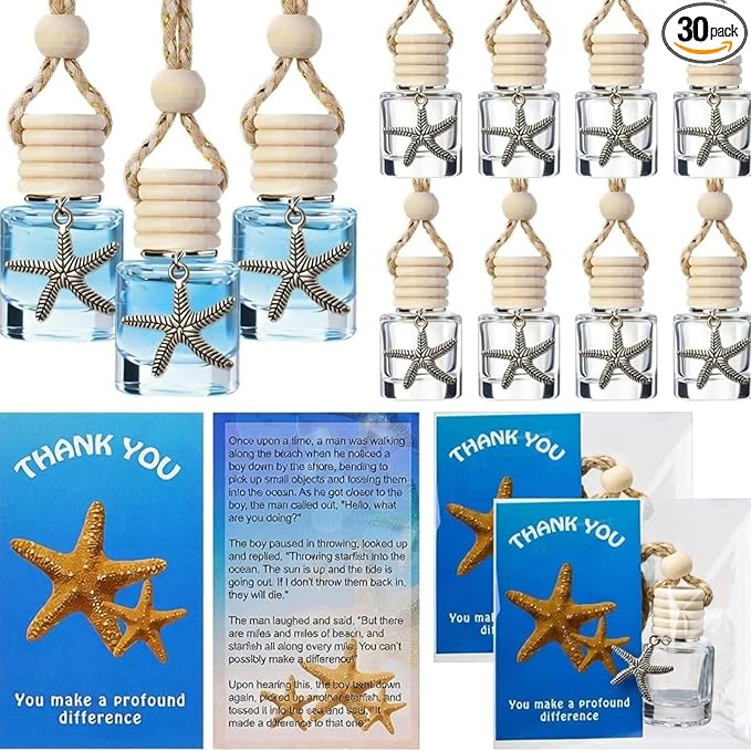 Qinyoung 30 Pack Car Diffuser Bottles Appreciation Gifts for Staff Air Freshener Hanging Empty Bulk Essential Oil Perfume Diffuser Pendant Bottle with Starfish Story Charms Gift for Valentines Day
