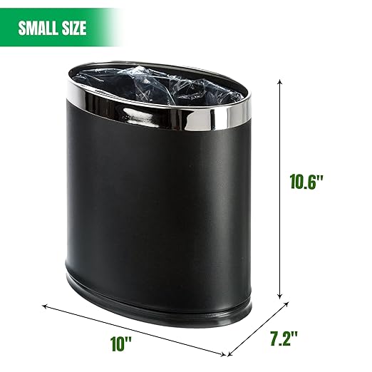 'Invisi-Overlap' Metal Trash Can Open Top Small Office Wastebasket Oval Shape (Black)