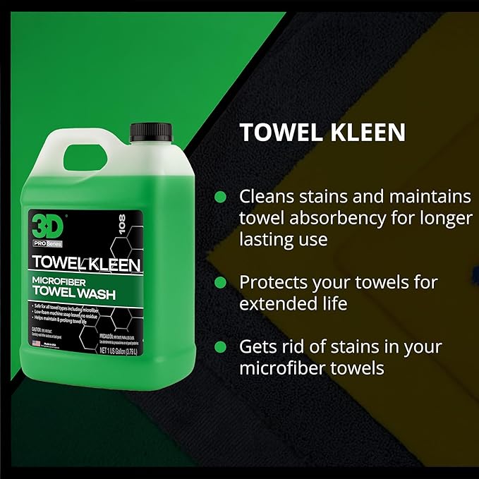 3D Towel Kleen Concentrated Microfiber Detergent - Deep Cleans Restores &amp Maintains Car Wash Towel Life - Low Foam No Residue Premium Laundry Soap 1 Gallon