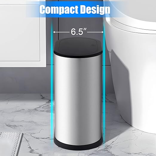 Anzoymx Stainless Steel Bathroom Trash Cans 1.8 Gallons Small Garbage Can with Pop up Lid Dog Proof Narrow Wastebasket Slim Waterproof Litter Trash Bins Set for Bedroom Toilet Office (Silver)