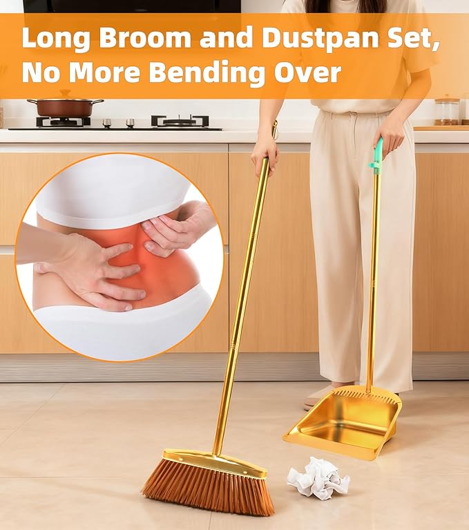 Gold Stainless Steel Broom and Dustpan Set 2-Piece Long Handle Standing Pan with Comb Teeth Heavy Duty Windproof Upright Design for Home Kitchen Indoor Outdoor Use