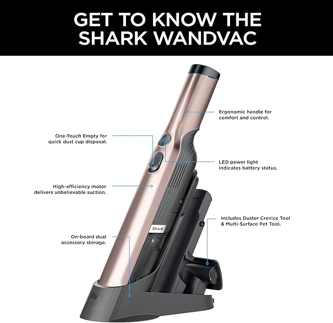 Shark WANDVAC Cordless Hand Vac Lightweight Portable at 1.4 lbs. Powerful Suction Charging Dock One-Touch Empty for Car &amp Home Multi-Surface Pet Tool &amp Duster Crevice Tool Rose Gold WV